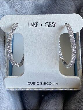 Lake + Gray Clear Cubic Zirconia Silver-Tone Hoop Post Earrings NEW IN BOX